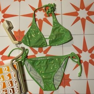 Lime Green Sequin Y2K aesthetic Bikini Swimsuit
